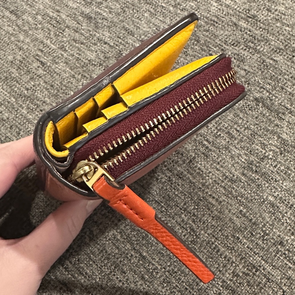Tory Burch Pebbled Leather Zip Wallet in Burgundy with Yellow Accent